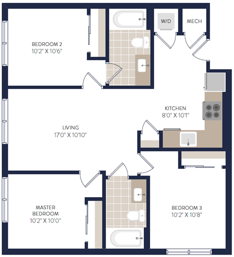 Floor plan for 3 beds, 2 baths, 884 sqft